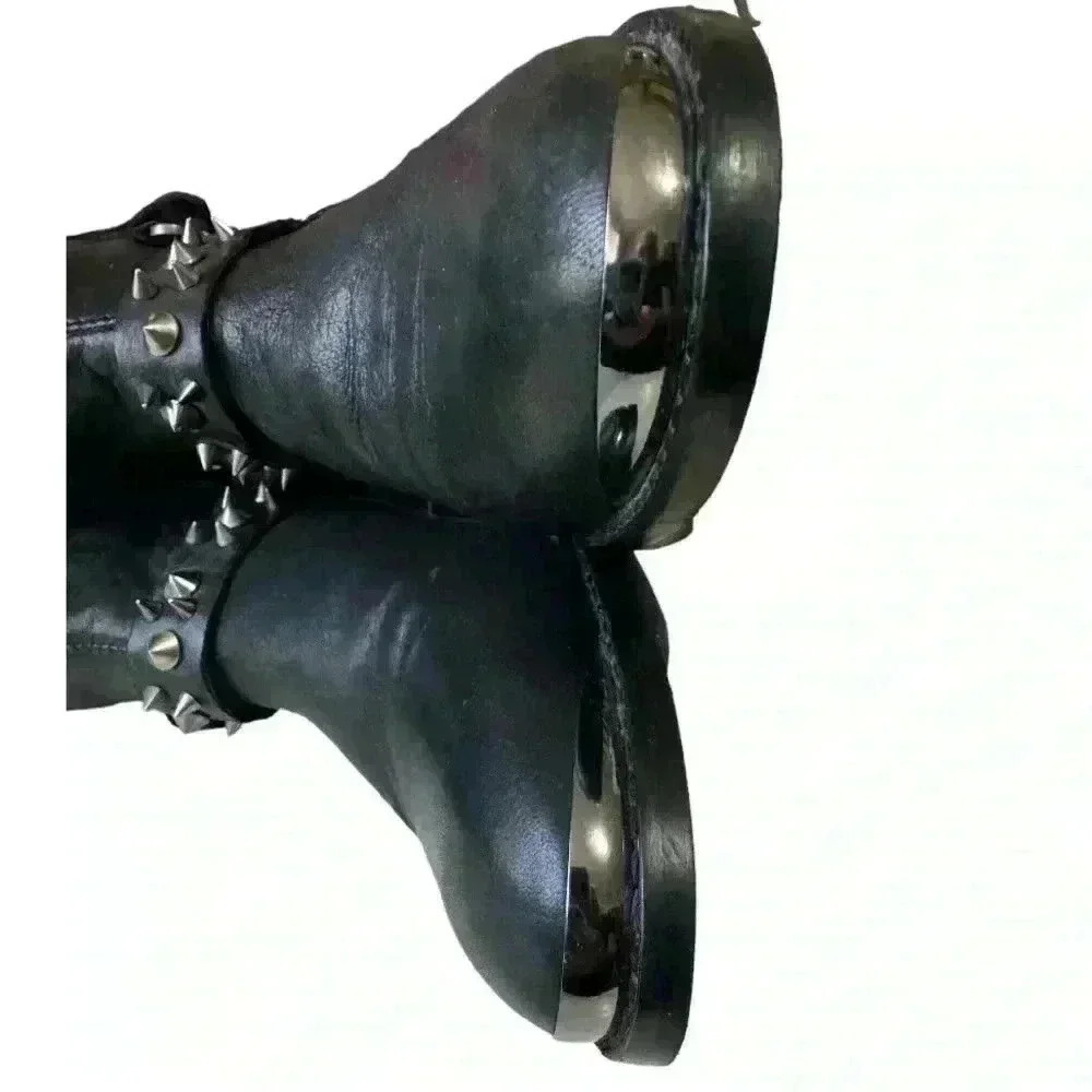 SAM EDELMAN tall leather spiked moto riding boots - black + tan - women 7 medium - Picture 9 of 16